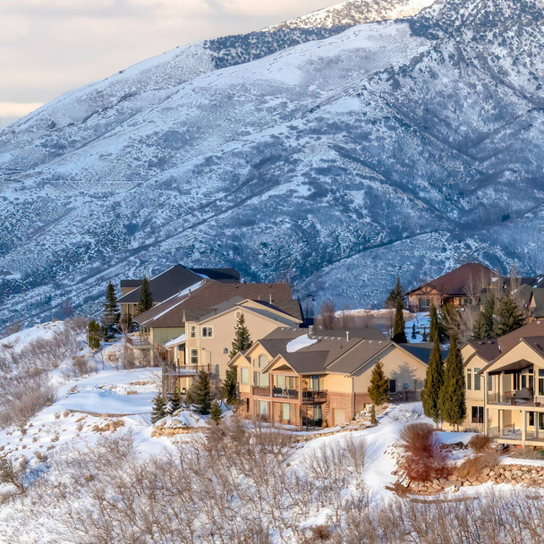 Square crop Homes nestled amid pristine Wasatch Mountain views blanketed with snow in winter - Photo, Image