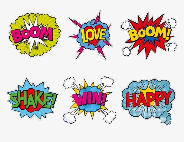 Výkřik fráze o stylu komiksu. Comic Bubbles Set. Comic text Boom, Love, Shake, win, Happy - Fotografie, Obrázek