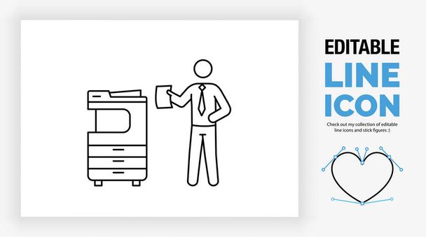 Szerkeszthető vonal ikon egy pálcika figura üzletember áll a fénymásoló mellett a nyomtatószobában - Vektor, kép