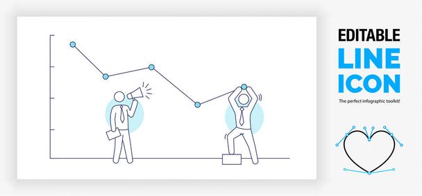 Editable line illustration of two business stick figure people in online marketing improving campaign results - Vector, Image