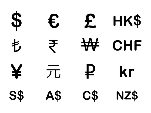 Divers signes et symboles monétaires FX. USD EUR GBP HKD TRY INR KRW CHF JPY CNY RUB SEK NOK SGD AUD CAD NZD. Illustration noire isolée sur fond blanc. Vecteur EPS  - Vecteur, image