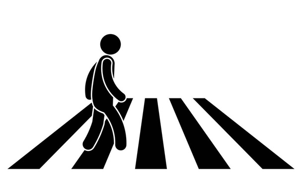 Stick Figure Man Persoon op Crosswalk Crossing Road. Zwarte illustratie Geïsoleerd op een witte achtergrond. EPS-vector  - Vector, afbeelding