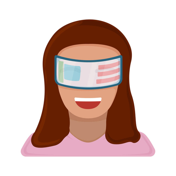 Női karakter a virtuális valóság szemüveg, modern technológia kiterjesztett valóság elszigetelt fehér, lapos vektor illusztráció. Jövő hardver cucc, női emberek távközlő eszköz. - Vektor, kép