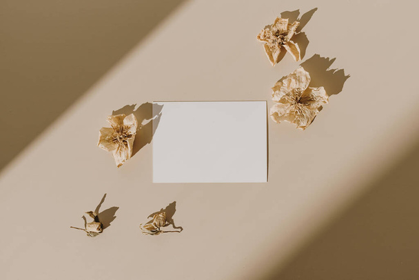 Tarjeta de hoja de papel en blanco con espacio de copia maqueta y capullos de flores secas con sombra de luz solar sobre fondo beige. Plantilla de marca comercial mínima. Piso tendido, vista superior
 - Foto, imagen