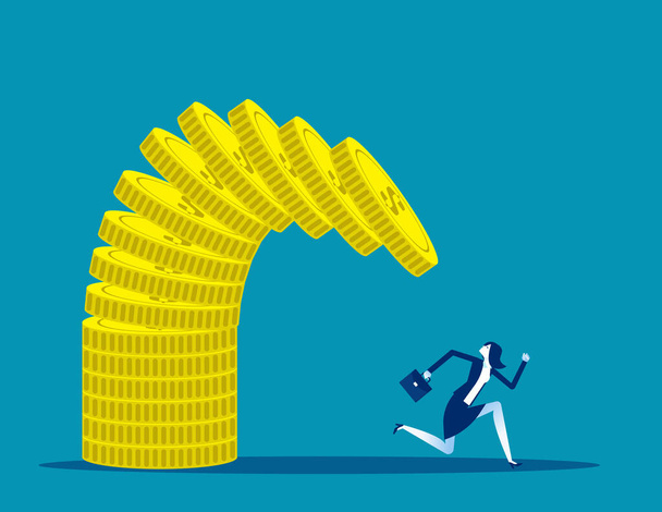 Businesswoman running away from failing pile or stack of coins. - Vector, Image