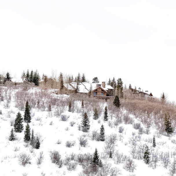 Πλατεία Mountain κορυφή στο Park City Γιούτα με τα σπίτια που κάθονται ανάμεσα σε χιονισμένη πλαγιά το χειμώνα - Φωτογραφία, εικόνα