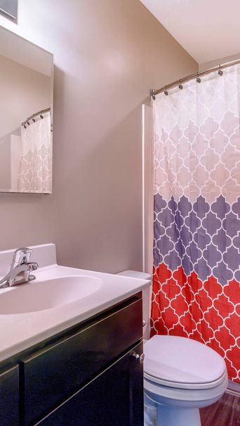 垂直作物トイレの虚栄心エリアとカラフルなカーテンで覆われたバスタブ付きのホームバスルーム - 写真・画像