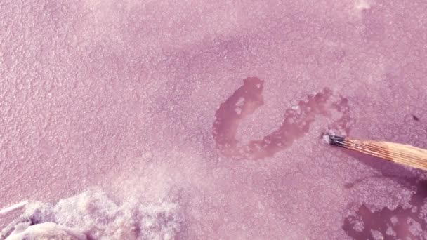 Macro video de la sal en la superficie del agua en el lago Lemuriano o el Mar Muerto. La sal endurecida forma una corteza de color rosa, similar al hielo. Un hombre dibuja con un palo sobre hielo rosa
. - Metraje, vídeo