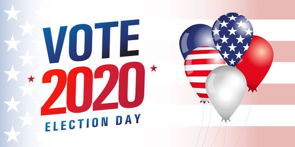 Votate il giorno delle elezioni USA 2020, palloncini e bandiera. Stati Uniti d'America testo per il voto 2020 su palloncini colorati, vendita vettore Illustrazione - Vettoriali, immagini