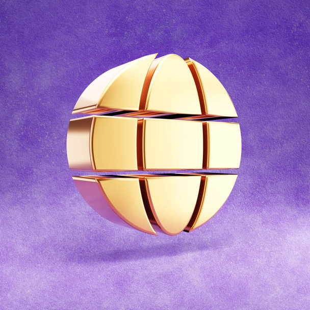 Erdkugel-Symbol. Gold glänzende Erdkugel Symbol isoliert auf violettem Samt Hintergrund. - Foto, Bild