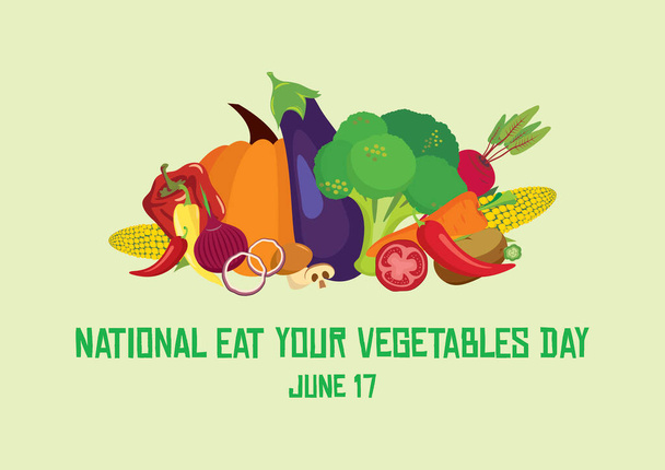 Εθνική Τρώτε τα λαχανικά σας διάνυσμα ημέρα. Διαφορετικοί τύποι λαχανικών. Διάνυσμα λαχανικών. Φάτε τα λαχανικά σας Αφίσα, 17 Ιουνίου. Σημαντική μέρα - Διάνυσμα, εικόνα