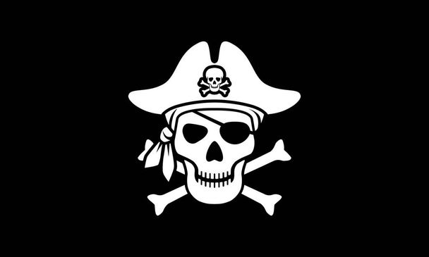 Symbol Jolly Roger. Pirate flag with white skull and bones isolated on black background. Sign skull in bandana and pirate hat. Vector illustration - Vector, Image