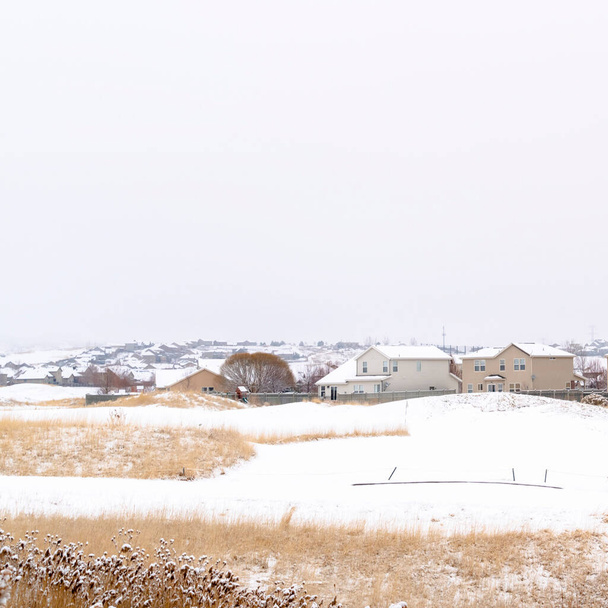 Жилой и природный ландшафт, покрытый свежим зимним снегом под облачным небом
 - Фото, изображение