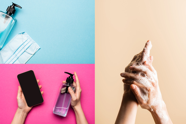 collage of medical mask, sanitizer, woman holding antiseptic and smartphone, washing hands on multicolored background, covid-19 concept - 写真・画像