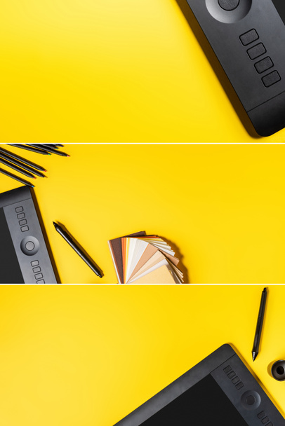 collage de tablettes de dessin et stylets près de crayons de couleur et palette avec des échantillons sur jaune - Photo, image