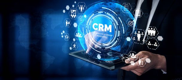 CRM Customer Relationship Management for business sales marketing system concept presented in futuristinen graafinen käyttöliittymä palvelun sovelluksen tueksi CRM tietokannan analyysi. - Valokuva, kuva
