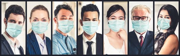 Monipuolinen ihmiset kasvonaamio suojattu Coronavirus tai COVID-19 valokuva asetettu banneri käsite henkilö taistelee 2019 sepelvaltimotauti COVID-19 pandemia puhkeaminen. - Valokuva, kuva