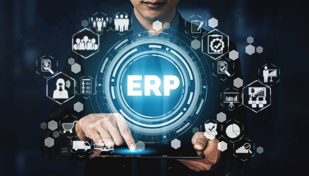 Enterprise Resource Management ERP software system for business resources plan presented in modern graphic interface showing future technology to manage company enterprise resource. - Fotografie, Obrázek