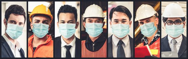 Różnorodne osoby z maską chronioną przed koronawirusem lub zdjęciem COVID-19 w koncepcji banera osoby walczącej z chorobą koronawirusową w 2019 roku COVID-19 wybuch pandemii. - Zdjęcie, obraz