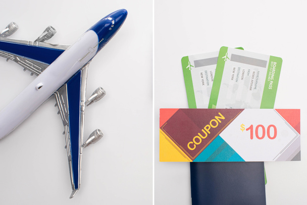 Collage of toy airplane and coupon on passport with air tickets on white background - Photo, Image