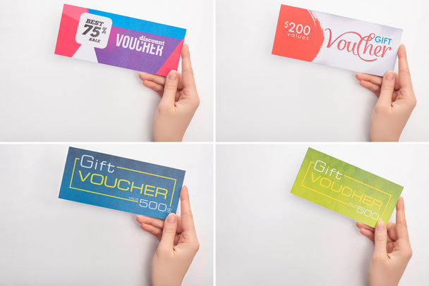 Collage of woman holding gift vouchers on white background - Foto, immagini