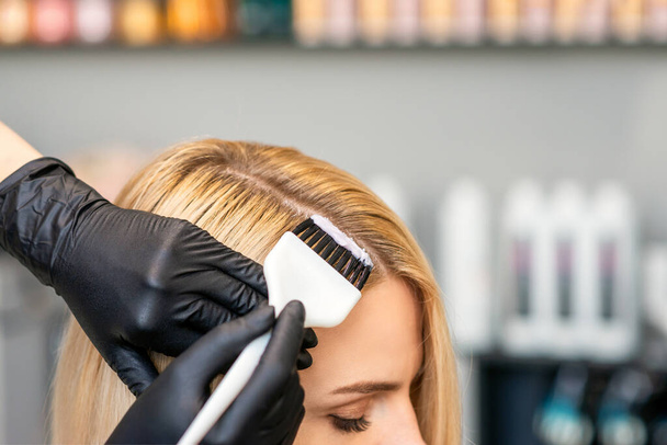 Hands of hairdresser dyeing hair of woman with brush at beauty salon. - Photo, Image