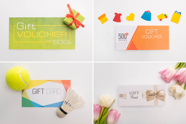 Collage of gift cards and vouchers with flowers, shuttlecock and present on white background - Foto, Imagem