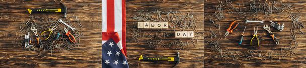 木の表面に労働日の文字でキューブの近くのイントネーション、アメリカ国旗、金属釘のトップビューのコラージュ - 写真・画像