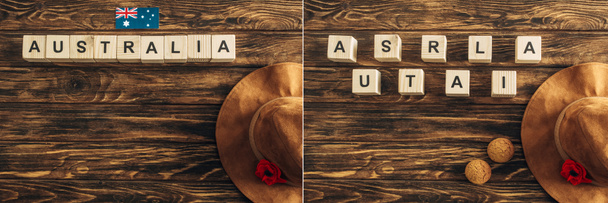коллаж из искусственных цветов, войлочных шляп, австралийского флага и кубиков с австралийской надписью на деревянной поверхности, концепция дня анзака
  - Фото, изображение