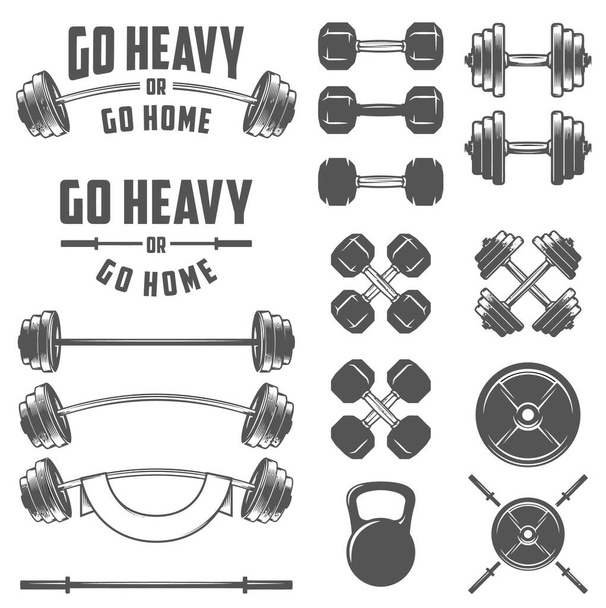 Set of vintage gym tools including dumbbells, barbells, weight training accessories. - Vector, Image