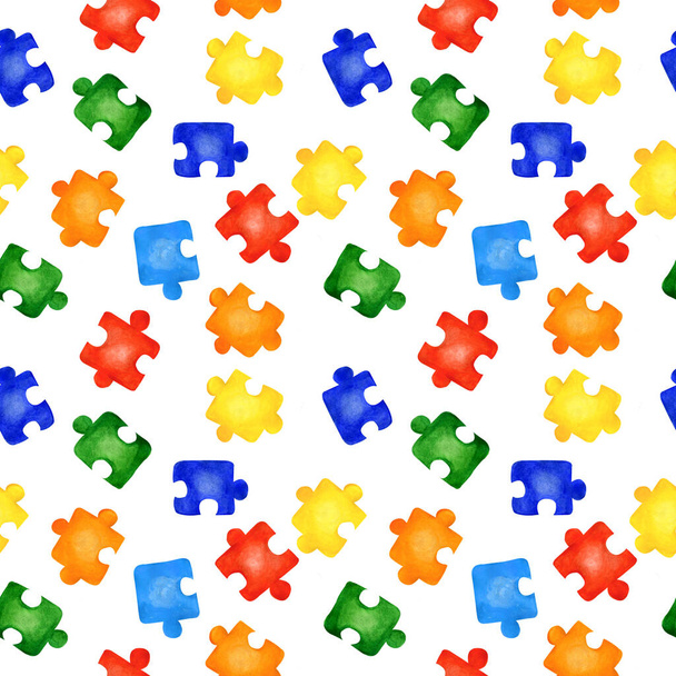 Seamless pattern with colorful jigsaw puzzles on white background. Watercolor hand drawn illustration. Concept of autism awareness, team building, children play board games, print colorful, summer - Photo, Image