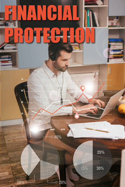 Selective focus of freelancer in shirt and panties using headset and laptop near papers on table at home, financial protection illustration - 写真・画像