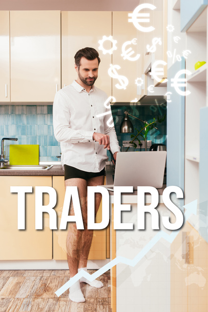 Handsome man in shirt and panties looking at laptop while cooking breakfast in kitchen, traders illustration - Photo, Image