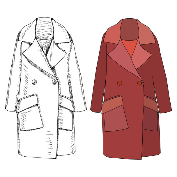 vector, on a white background, red autumn women coat with sketch - Vector, Image