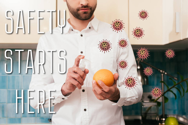 Vista recortada del hombre desinfectando naranja con desinfectante de manos en la cocina, la seguridad comienza aquí ilustración
 - Foto, Imagen