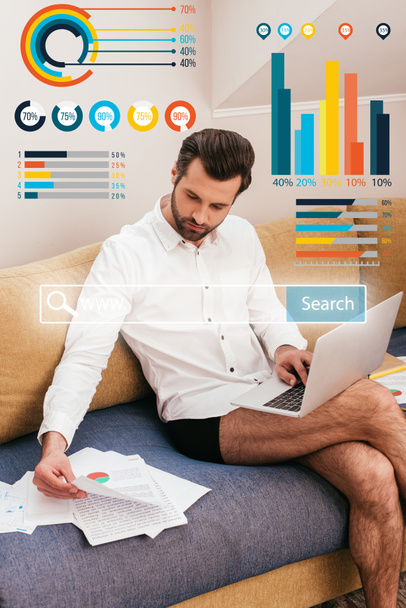 Handsome teleworker in panties and shirt working with documents and laptop on couch, charts and graphs illustration - Photo, Image