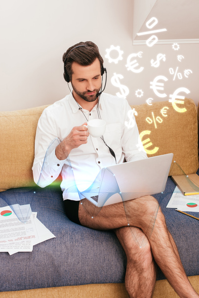 Teleworker in shirt and panties drinking coffee while using headset and laptop on couch, currency signs illustration - Photo, Image