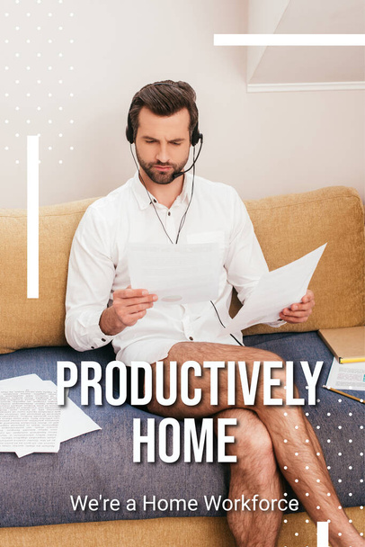 Teleworker in panties and shirt using headset and working with documents on couch in living room, productively home illustration - Foto, imagen