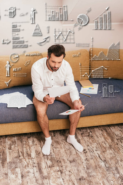 Freelancer in panties and shirt looking at documents with charts on sofa, charts and graphs illustration - Photo, Image