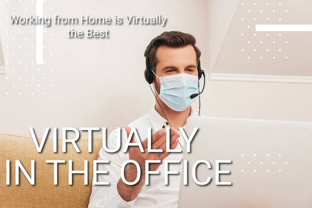 Selektywne skupienie freelancer w masce medycznej za pomocą zestawu słuchawkowego podczas rozmowy wideo na laptopie w domu, praktycznie w ilustracji biurowej - Zdjęcie, obraz