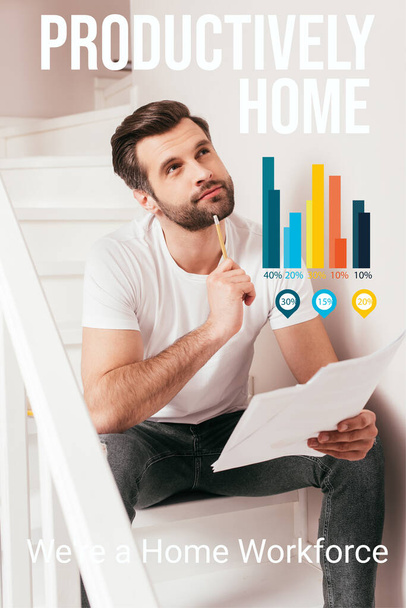Dreamy teleworker looking away while holding papers and pencil on stairs, productively home illustration - Photo, Image
