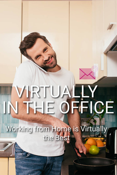 Smiling man talking on smartphone and cooking breakfast in kitchen, virtually in office illustration - Photo, Image