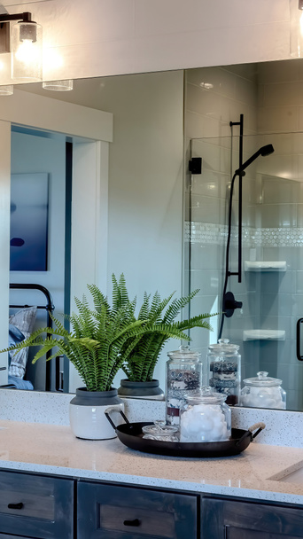Függőleges keret Fürdőszoba két mosogató és fali tükör, amely tükrözi zuhanyfülke és ajtó - Fotó, kép