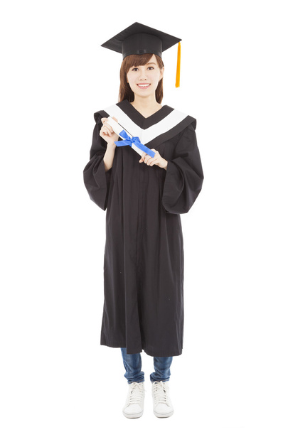 tam uzunlukta genç mezun kız öğrencinin diploma ile - Fotoğraf, Görsel