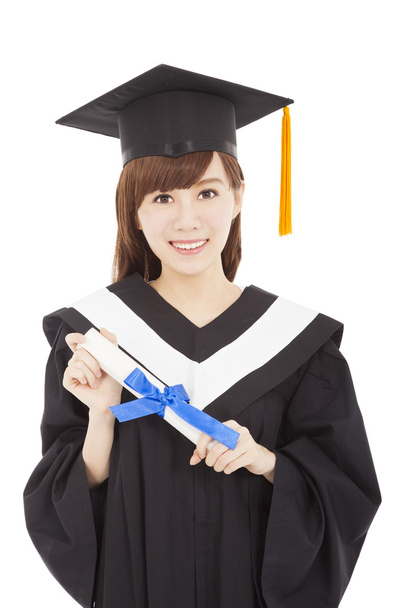 sonriente joven estudiante de posgrado con diploma
 - Foto, Imagen