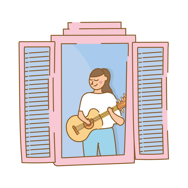 Karantinadan muaf biçim için apartman penceresinde gitar çalan kadın - Vektör, Görsel