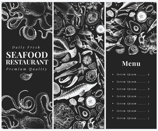 Hand drawn seafood design template. Vector crabsfishes and oystrers illustrations on chalk board. Retro marine background - Vector, afbeelding