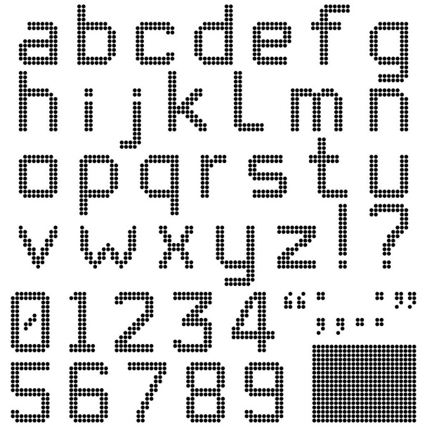 Round Pixel Font - malá písmena, číslice a interpunkční znaky v retro kulatém pixelovém písmu. Izolované a obsahuje volné pixely. ID souboru: 383386050 má velká písmena. - Vektor, obrázek
