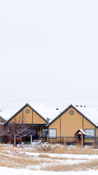 Vertikaler Rahmen Wohngemeinschaft auf einer frostigen Landschaft, die im Winter mit Schnee bedeckt ist - Foto, Bild