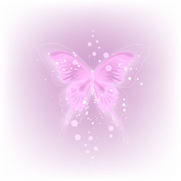 gloeiende achtergrond met neon paarse vlinder op witte achtergrond - Vector, afbeelding